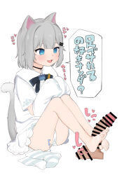 1girl absurdres animal_ears bar_censor barefoot black_choker blue_eyes blush censored choker cum cum_on_body cum_on_feet detached_sleeves fangs feet footjob genkimaru grey_hair grey_tail hair_ornament heart highres indie_virtual_youtuber nachoneko open_mouth panties penis shirt sitting sleeves_past_fingers sleeves_past_wrists socks solo_focus sound_effects speech_bubble tail toes translated underwear virtual_youtuber white_background white_panties white_shirt