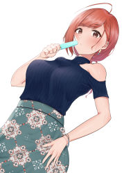 Rule 34 | 1girl, absurdres, ahoge, arisugawa natsuha, blue sweater, blush, bracelet, breasts, brown eyes, clothing cutout, commentary request, cowboy shot, earrings, food, green skirt, hand on own hip, high-waist skirt, highres, holding, holding food, idolmaster, idolmaster shiny colors, jewelry, looking at viewer, medium breasts, moriyama a, parted lips, popsicle, print skirt, red hair, short hair, short sleeves, shoulder cutout, simple background, single bare shoulder, skirt, solo, sweater, swept bangs, white background