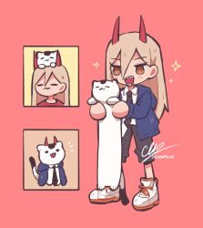 Rule 34 | 1girl, animal, animal on head, animal on shoulder, black necktie, black pants, brown eyes, cat, cat on head, cat on shoulder, chainsaw man, chaopiico, closed eyes, collared shirt, cross-shaped pupils, fake horns, full body, highres, holding, holding animal, holding cat, horns, long hair, longcat (meme), looking at viewer, meme, meowy (chainsaw man), necktie, on head, open mouth, pants, pants rolled up, power (chainsaw man), red background, red horns, sharp teeth, shirt, shirt partially tucked in, shoes, simple background, smile, sneakers, sparkle, standing, symbol-shaped pupils, teeth, white shirt