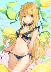 Rule 34 | 1girl, arm behind back, bare legs, bikini, black collar, blonde hair, blue bikini, blush, bow, breasts, cleavage, collar, collarbone, commentary request, cona kinaco, cowboy shot, food, frills, from side, front-tie top, fruit, fruit background, gradient background, green ribbon, groin, hair between eyes, hair ornament, hair ribbon, highres, long hair, looking at viewer, medium breasts, nail polish, navel, open mouth, original, polka dot, polka dot bikini, ribbon, side-tie bikini bottom, sideboob, sidelocks, solo, standing, stomach, swimsuit, untying, water, wet, yellow bow, yellow eyes