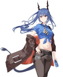 Rule 34 | 1girl, arknights, black jacket, black necktie, black pants, blue hair, blue shirt, breasts, ch&#039;en (after storm) (arknights), ch&#039;en (arknights), cowboy shot, dragon horns, dragon tail, highres, horns, jacket, leggings, lily0428, long hair, midriff, navel, necktie, official alternate costume, pants, purple eyes, shirt, short sleeves, simple background, small breasts, smile, solo, standing, stomach, striped necktie, tail, thighs, tied shirt, very long hair, white background