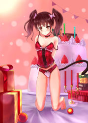 Rule 34 | 1girl, absurdres, arms behind back, barefoot, blush, book, bow, bow panties, box, breasts, brown eyes, brown hair, cake, candle, cleavage, collar, collarbone, food, fruit, gift, gift box, hair bow, hair ribbon, highres, kneeling, lingerie, long hair, looking at viewer, medium breasts, merry christmas, off shoulder, original, oversized object, panties, purple ribbon, red panties, ribbon, solo, strap slip, strawberry, tail, tsumiwara, twintails, underwear