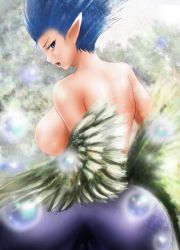 Rule 34 | 1girl, bird girl, blue eyes, blue hair, breasts, claws, duel monster, feathers, harpie lady, harpie lady sisters, harpy, large breasts, monster girl, ogura anko, open mouth, sideboob, spiked hair, wings, yu-gi-oh!, yu-gi-oh! duel monsters