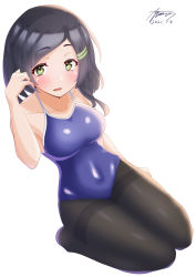 Rule 34 | 1girl, absurdres, ayuman, black hair, blue one-piece swimsuit, blush, breasts, collarbone, competition school swimsuit, competition swimsuit, covered navel, dated, hair ornament, hairclip, highres, kantai collection, kuroshio (kancolle), looking at viewer, medium breasts, medium hair, one-piece swimsuit, open mouth, pantyhose, pantyhose under swimsuit, school swimsuit, signature, simple background, sitting, smile, solo, swimsuit, wariza, white background