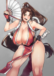 Rule 34 | 1girl, absurdres, areola slip, armpits, bad id, bad pixiv id, breasts, brown eyes, brown hair, cleavage, covered erect nipples, fatal fury, female focus, folding fan, gloves, hair intakes, hand fan, hand on own hip, highres, holding, holding fan, huge breasts, leaning forward, long hair, matching hair/eyes, ninja, one eye closed, open mouth, ponytail, revealing clothes, shiranui mai, solo, sonparesu, standing, thighs, very long hair, wink