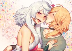Rule 34 | 1boy, 1girl, birthday, blonde hair, closed eyes, collar, confetti, couple, english text, green shirt, hand on another&#039;s chest, happy birthday, heart, hiomaika, hug, long hair, looking at viewer, maika (vocaloid), open mouth, pink eyes, shirt, vocaloid, white background, white hair, white shirt, yohioloid