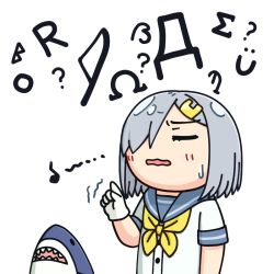 Rule 34 | 1girl, alphabet, commentary request, cyrillic, eighth note, closed eyes, greek text, grey sailor collar, hair ornament, hair over one eye, hairclip, hama! (3toshinhmkz), hamakaze (kancolle), index finger raised, kantai collection, music, musical note, neckerchief, no nose, quarter note, sailor collar, school uniform, serafuku, short hair, silver hair, simple background, singing, solo, stuffed animal, stuffed shark, stuffed toy, upper body, white background, yellow neckerchief, you&#039;re doing it wrong