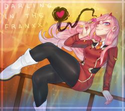 Rule 34 | 10s, aqua eyes, black pantyhose, blurry, bodysuit, boots, breasts, candy, copyright name, crossed legs, darling in the franxx, dear-cotton-candy, depth of field, english text, eyeshadow, food, glowing, glowing eyes, heart, highres, horns, lollipop, long hair, long sleeves, looking at viewer, makeup, medium breasts, nail polish, orange neckwear, pantyhose, pilot suit, pink hair, red bodysuit, sitting, smile, solo, straight hair, white footwear, zero two (darling in the franxx)