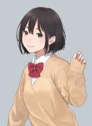 Rule 34 | 1girl, black hair, bow, bowtie, brown eyes, grey background, hand up, highres, kyak bamboo, looking at viewer, original, school uniform, short hair, simple background, smile, solo, sweater, upper body