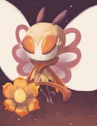Rule 34 | aclockworkkitten, commentary, creature, creatures (company), eyelashes, closed eyes, flower, flying, full body, game freak, gen 7 pokemon, highres, holding, holding flower, nintendo, no humans, pokemon, pokemon (creature), ribombee, signature, solo