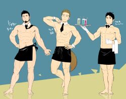 Rule 34 | 3boys, abs, apron, bara, biceps, black apron, black hair, blonde hair, bow, bowtie, drink, facial hair, gloves, goatee, itto (mentaiko), looking at viewer, male focus, multiple boys, muscular, muscular male, naked apron, necktie, original, pectorals, short hair, smile, thighs, topless male, towel on arm, waiter, white gloves