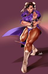 Rule 34 | 1girl, boots, bowalia, breasts, brown eyes, brown hair, capcom, china dress, chinese clothes, chun-li, double bun, dress, full body, knee boots, long hair, looking at viewer, muscular, muscular female, open mouth, pantyhose, signature, street fighter