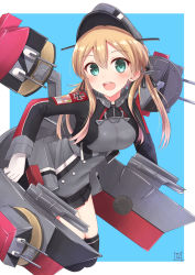Rule 34 | 10s, 1girl, anchor hair ornament, aqua eyes, blonde hair, blue eyes, breasts, cross, gloves, hair ornament, hat, iron cross, kantai collection, long hair, military, military uniform, nayuhi (yukimuu14), peaked cap, prinz eugen (kancolle), solo, thighhighs, turret, twintails, uniform, white gloves