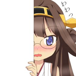 Rule 34 | 10s, 1girl, bespectacled, blue eyes, blush, brown hair, detached sleeves, glasses, hair bun, hairband, kantai collection, kongou (kancolle), long hair, looking at viewer, nagineko, nontraditional miko, open mouth, peeking out, rimless eyewear, single hair bun, solo, translation request, transparent background, wavy mouth