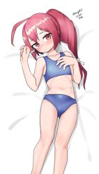 Rule 34 | 1girl, absurdres, ahoge, alternate breast size, bikini, blue bikini, dated, feet out of frame, flat chest, gluteal fold, highres, i-168 (kancolle), kantai collection, long hair, lying, maru (marg0613), one-hour drawing challenge, ponytail, red eyes, red hair, solo, sports bikini, swimsuit, twitter username