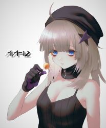 Rule 34 | 1girl, aa-12 (girls&#039; frontline), ahoge, bags under eyes, bare shoulders, black gloves, black shirt, blue eyes, breasts, camisole, candy, character name, cleavage, food, girls&#039; frontline, gloves, grey hair, hair ornament, hand up, hara shoutarou, holding, holding candy, holding food, holding lollipop, lollipop, long hair, looking at viewer, parted lips, shirt, small breasts, solo, star (symbol), star hair ornament, upper body