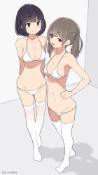 Rule 34 | 2girls, arms behind back, bad id, bad pixiv id, bare shoulders, bikini, black hair, blue eyes, breasts, brown hair, cleavage, closed mouth, commentary request, ekko (pixiv55368152), eyebrows, floor, from side, full body, hand on own stomach, long hair, looking at another, looking at viewer, low twintails, medium breasts, medium hair, mole, mole on breast, multiple girls, navel, open mouth, original, pixiv id, red eyes, sidelocks, smile, smirk, standing, swimsuit, thighhighs, twintails, wall, white bikini, white legwear