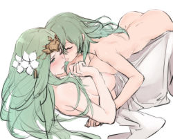 Rule 34 | 2girls, ass, blush, breast press, breasts, byleth (female) (fire emblem), byleth (fire emblem), chinese commentary, closed eyes, clothed female nude female, commentary request, facing another, female focus, fire emblem, fire emblem: three houses, flower, green eyes, green hair, hair flower, hair ornament, highres, kisetsu, large breasts, licking, long hair, lying, matching hair/eyes, multiple girls, nintendo, nude, on back, one eye closed, parted lips, rhea (fire emblem), simple background, tongue, tongue out, white background, white flower, yuri
