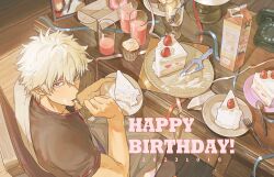 Rule 34 | 1boy, absurdres, antique phone, birthday, cake, cupcake, eating, food, from above, gintama, hadanugi dousa, happy birthday, highres, japanese clothes, jitome, kimono, looking at viewer, male focus, open clothes, open kimono, phone, rotary phone, sakata gintoki, solo, spoon, strawberry cake, strawberry milk, table, white hair, xi hsi