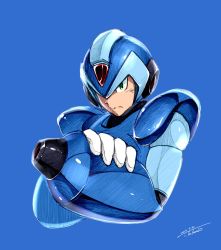 Rule 34 | 1boy, absurdres, android, arm cannon, blue background, dated, green eyes, helmet, highres, i.takashi, male focus, mega man (character), mega man (series), x (mega man), mega man x (series), robot, signature, solo, upper body, weapon