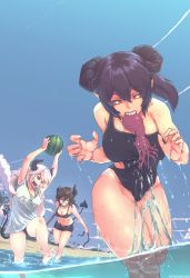 Rule 34 | 3girls, barefoot, beach, bikini, black bikini, black horns, black one-piece swimsuit, black sclera, blue sky, bokken, borrowed character, breasts, broken horn, chasing, clothing cutout, colored sclera, commentary, commission, day, demon girl, demon tail, english commentary, fingernails, food, fruit, highres, horn ornament, horns, large breasts, medium breasts, mouth hold, multiple girls, ocean, octopus, one-piece swimsuit, open mouth, original, pointy ears, purple eyes, red eyes, sharp fingernails, sharp teeth, shirt, short ponytail, side cutout, silver hair, sky, slit pupils, splashing, swimsuit, sword, t-shirt, tail, teeth, thick thighs, thighs, tyrone, wading, water, watermelon, weapon, wet, wooden sword