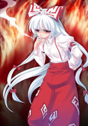 Rule 34 | 1girl, annoyed, cigarette, covering face, covering own mouth, covering privates, female focus, fire, fujiwara no mokou, sea chicken, smoke, smoking, solo, touhou