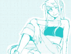 Rule 34 | 1girl, aqua theme, arm at side, arm on knee, arm rest, arm support, bad link, bare arms, bare shoulders, breasts, cleavage, closed mouth, collarbone, denim, ear piercing, facing viewer, feet out of frame, fingernails, fullmetal alchemist, halftone, head tilt, jeans, knee up, lowres, medium breasts, midriff, monochrome, noako, outline, pants, piercing, ponytail, sidelocks, sideways glance, sitting, smile, solo, straight hair, strapless, swept bangs, tube top, white outline, winry rockbell