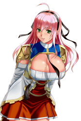 Rule 34 | 00s, 1girl, ahoge, armor, black ribbon, breasts, cleavage, cowboy shot, dress, dungeon and fighter, green eyes, hair ribbon, hairband, highres, knight (dungeon and fighter), large breasts, leaning forward, long hair, long sleeves, looking at viewer, pink hair, ribbon, shoulder armor, solo, switch01