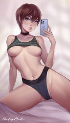 Rule 34 | 1girl, artist name, bed sheet, black choker, blue eyes, blue panties, breasts, brown hair, cameltoe, capcom, choker, collarbone, crop top, crop top lift, feet out of frame, fingernails, hair between eyes, highres, holding, holding phone, holy meh, lips, medium breasts, navel, no bra, nose, panties, parted lips, partially visible vulva, phone, rebecca chambers, resident evil, resident evil 0, selfie, short hair, signature, sitting, solo, spread legs, thick thighs, thighs, tomboy, underboob, underwear, very short hair