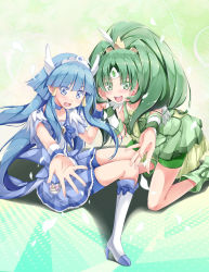 Rule 34 | 10s, 2girls, aoki reika, bike shorts, blue dress, blue eyes, blue hair, blue skirt, boots, bow, bowtie, brooch, choker, cure beauty, cure march, dress, full body, green dress, green eyes, green hair, green shorts, green skirt, head wings, jewelry, knee boots, kneeling, long hair, magical girl, midorikawa nao, multiple girls, outstretched hand, precure, shinohara shinome, shoes, shorts, shorts under skirt, sitting, skirt, smile, smile precure!, tiara, wings
