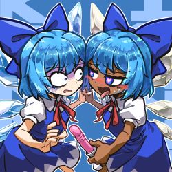 Rule 34 | 2girls, amerika zarigani, annyui (cookie), blue bow, blue dress, blue eyes, blue hair, blush, bow, breasts, cirno, collared shirt, commentary request, constricted pupils, cookie (touhou), cowboy shot, dark-skinned female, dark skin, dildo, dress, gloom (expression), hair bow, heart, heart-shaped pupils, highres, holding, holding hands, holding sex toy, ice, ice wings, kurikinton (cookie), looking at another, multiple girls, neck ribbon, open mouth, pinafore dress, puffy short sleeves, puffy sleeves, red ribbon, ribbon, saliva, sex toy, shirt, short hair, short sleeves, sleeveless dress, small breasts, smile, symbol-shaped pupils, tongue, tongue out, touhou, white shirt, wings