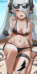 Rule 34 | 1girl, beach, bikini, black bikini, black gloves, black ribbon, blue archive, breasts, dark-skinned female, dark skin, eyewear on head, gloves, grey hair, hair over one eye, hair ribbon, highres, iori (blue archive), iori (swimsuit) (blue archive), knee up, long hair, looking at viewer, md5 mismatch, medium breasts, multi-strapped bikini bottom, ocean, oh (aung ae), open mouth, pointy ears, red eyes, resolution mismatch, ribbon, sandals, side-tie bikini bottom, sitting, skindentation, solo, source larger, sunglasses, swimsuit, thigh strap, thighs, twintails, v-shaped eyebrows, very long hair, water, wet
