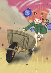 Rule 34 | 1girl, absurdres, animal ears, bow, braid, cat ears, cat girl, cat tail, extra ears, female focus, highres, kaenbyou rin, multiple tails, open mouth, red eyes, red hair, running, short hair, solo, tail, touhou, twin braids, twintails, wheelbarrow, zk (zk gundan)