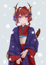 Rule 34 | 1girl, :o, absurdres, alternate hair length, alternate hairstyle, animal ears, arknights, blush, chinese zodiac, commentary request, cowboy shot, flower, grey background, hair flower, hair intakes, hair ornament, hairclip, highres, horns, japanese clothes, kemonomimi mode, kimono, long sleeves, looking at viewer, lv2 1130, obi, parted lips, purple eyes, red hair, red kimono, sash, short hair, simple background, snow on head, snowing, solo, surtr (arknights), tail, tiger ears, tiger girl, tiger hair ornament, tiger tail, wide sleeves, year of the tiger, yukata