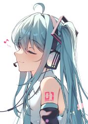 Rule 34 | 1girl, absurdres, ahoge, arm tattoo, blue hair, blue necktie, closed eyes, closed mouth, commentary, detached sleeves, from side, hair between eyes, hatsune miku, headphones, headset, highres, kurobikari, long hair, microphone, musical note, necktie, number tattoo, shirt, simple background, sleeveless, sleeveless shirt, smile, solo, tattoo, twintails, upper body, very long hair, vocaloid, white background, white shirt