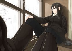 Rule 34 | 1girl, ashtray, black hair, blue eyes, boots, cigarette, elizabeth f. beurling, hand in pocket, jacket, long hair, pantyhose, quick10 117117, rikizo, sitting, smoking, snow, solo, strike witches, strike witches: suomus misfits squadron, window, world witches series