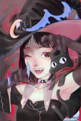 Rule 34 | 1girl, animal, animal on shoulder, black cat, black choker, black dress, black eyes, black gloves, black hair, black headwear, breasts, cat, choker, claw ring, collarbone, dress, elbow gloves, fangs, gloves, hat, highres, kyuunn, looking at viewer, medium hair, nichijou, off-shoulder dress, off shoulder, one eye closed, open hands, open mouth, sakamoto (nichijou), sakamoto mio, small breasts, solo focus, witch hat