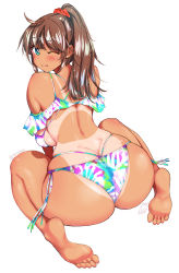 Rule 34 | 1girl, absurdres, ahoge, aqua eyes, ass, barefoot, bikini, blush, breasts, brown hair, butt crack, dark skin, dark-skinned female, dimples of venus, female focus, full body, highres, huge ass, large breasts, long hair, looking at viewer, looking back, naughty face, ponytail, sideboob, sitting, smile, solo, swimsuit, tan, tanline, tongue, tongue out