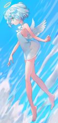 Rule 34 | 1girl, absurdres, angel, bare shoulders, barefoot, blue background, blue dress, blue sky, blue theme, breasts, cloud, day, dress, feathered wings, feet, female focus, frilled dress, frills, from side, green eyes, halo, highres, jpeg artifacts, kaede (shijie heping), midair, open mouth, original, outdoors, profile, see-through, short dress, short hair, sideboob, sidelocks, sky, sleeveless, sleeveless dress, small breasts, solo, white hair, white wings, wings