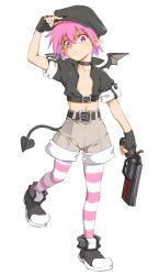 Rule 34 | 1girl, belt, breasts, choker, demon tail, demon wings, female focus, fingerless gloves, flat cap, full body, funnyari, gloves, gun, hat, holding, holding gun, holding weapon, looking at viewer, navel, original, pink eyes, pink hair, pointy ears, short hair, shorts, simple background, small breasts, solo, striped legwear, tail, weapon, white background, wings