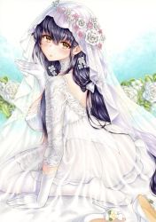 Rule 34 | 1girl, ass, azuma (azur lane), azuma (lily-white longing) (azur lane), azur lane, black hair, breasts, bridal veil, dress, flower, from behind, full body, garter straps, gloves, hair between eyes, hair flower, hair ornament, highres, lace, lace-trimmed dress, lace-trimmed legwear, lace trim, large breasts, long hair, looking at viewer, looking back, marker (medium), mikeko (user zntg7852), official alternate costume, see-through, see-through dress, seiza, shoes, sitting, solo, thighhighs, traditional media, unworn shoes, veil, wedding dress, white flower, white garter straps, white gloves, white thighhighs, yellow eyes