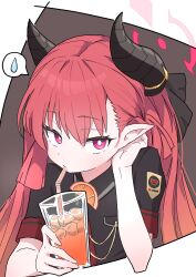 Rule 34 | 1girl, black horns, black shirt, blue archive, demon horns, halo, highres, horns, junko (blue archive), long hair, looking at viewer, pointy ears, prolacique, purple eyes, red hair, shirt, solo