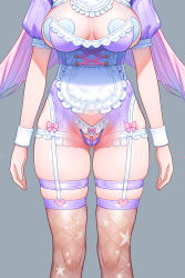 Rule 34 | 1girl, bow, bow panties, breasts, cleavage, clothing cutout, dress, frills, garter straps, gluteal fold, head out of frame, heart pasties, highres, indie virtual youtuber, long hair, medium breasts, ogre (illustogre), panties, pasties, pearl thong, pink hair, puffy sleeves, short sleeves, side cutout, skindentation, solo, thigh strap, thighhighs, underwear, virtual youtuber, x-ray
