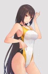 Rule 34 | 1girl, breasts, brown hair, competition swimsuit, cowboy shot, from side, hand on own chest, kantai collection, kasumi (skchkko), large breasts, long hair, looking at viewer, nagato (kancolle), one-piece swimsuit, red eyes, solo, swimsuit, very long hair, very melon, wet, white background