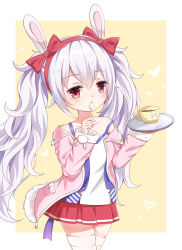 Rule 34 | 1girl, absurdres, animal ears, artist name, azur lane, bow, cowboy shot, cup, fur-trimmed jacket, fur trim, hair between eyes, hair bow, hairband, heart, highres, holding, holding plate, jacket, laffey (azur lane), long hair, miaorh, pink jacket, plate, pleated skirt, rabbit ears, red bow, red eyes, red skirt, silver hair, skirt, solo, spoon, teacup, thighhighs, twintails, very long hair, white thighhighs, yellow background