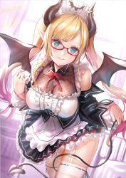 Rule 34 | 1girl, apron, blonde hair, blue eyes, blush, bow, bowtie, breasts, cleavage, collarbone, demon girl, demon horns, demon tail, demon wings, detached sleeves, dress, frilled apron, frills, garter straps, glasses, himonoata, hololive, horns, indoors, large breasts, lips, long hair, long sleeves, looking at viewer, maid, maid headdress, parted lips, pointy ears, red-framed eyewear, red bow, ribbon-trimmed legwear, ribbon trim, see-through, see-through cleavage, smile, solo, tail, thighhighs, twintails, virtual youtuber, waist apron, white apron, white garter straps, white thighhighs, wings, yuzuki choco, yuzuki choco (maid)