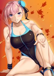 Rule 34 | 1girl, asymmetrical hair, bare shoulders, black one-piece swimsuit, blue eyes, blue one-piece swimsuit, blush, breasts, bun cover, cleavage, collarbone, competition swimsuit, fate/grand order, fate (series), grin, hair bun, hair ribbon, highleg, highleg swimsuit, highres, large breasts, long hair, looking at viewer, miyamoto musashi (fate), miyamoto musashi (fate/grand order), miyamoto musashi (swimsuit berserker) (fate), miyamoto musashi (swimsuit berserker) (first ascension) (fate), one-piece swimsuit, pink hair, revision, ribbon, sandals, single hair bun, sitting, smile, swept bangs, swimsuit, yuhica