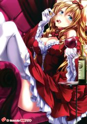 Rule 34 | 1girl, :d, absurdres, alcohol, artist name, blonde hair, blue eyes, blush, bottle, breasts, chair, cherry, cleavage, cup, detached sleeves, dress, drinking glass, eating, food, fruit, hair ribbon, haruka natsuki, highres, large breasts, leaning back, long hair, open mouth, ribbon, smile, solo, thighhighs, white thighhighs, wine, wine bottle, wine glass