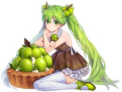 Rule 34 | 1girl, dress, green eyes, green hair, hatsune miku, kinchee, long hair, looking at viewer, matching hair/eyes, simple background, sitting, solo, thighhighs, twintails, very long hair, vocaloid, wariza, white background