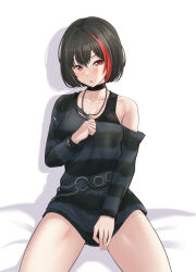 Rule 34 | 1girl, absurdres, armpit crease, bang dream!, bed sheet, belt, black belt, black hair, black shirt, black tank top, blush, breasts, chain, collarbone, commentary, cowboy shot, drop shadow, hair between eyes, hand on own thigh, hand up, highres, holding, holding jewelry, holding necklace, jewelry, lock, long shirt, long sleeves, looking at viewer, medium breasts, mitake ran, multicolored hair, necklace, o-ring, o-ring belt, off shoulder, padlock, parted lips, pendant, pink eyes, ptal, red hair, shirt, short hair, single bare shoulder, sitting, solo, streaked hair, striped clothes, striped shirt, sweat, tank top, torn clothes, torn shirt, two-tone hair, v-shaped eyebrows, white background